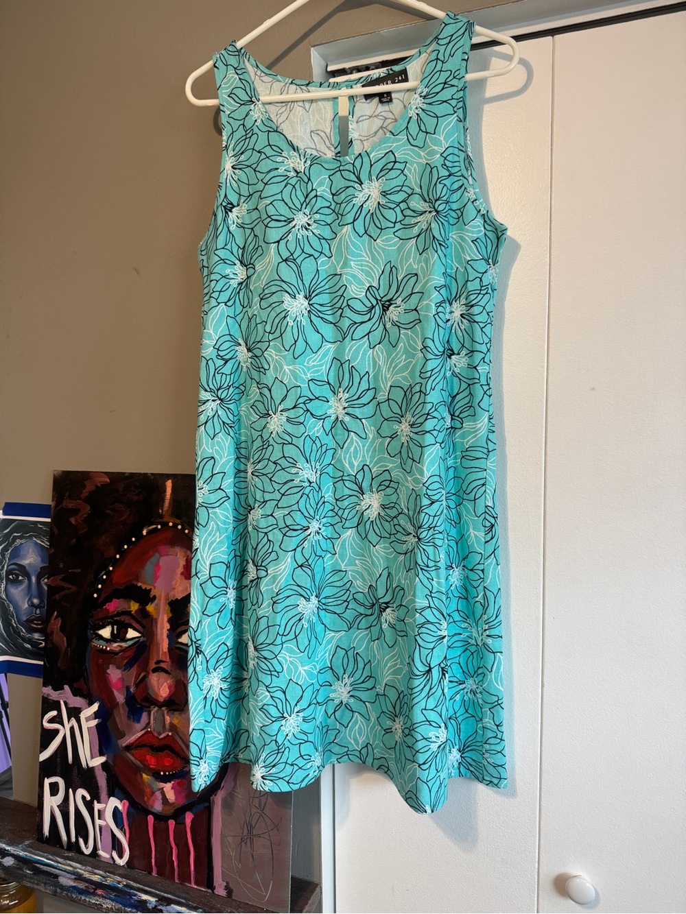 Minimalist Teal Floral Linen Blend A-Line Dress - Small/medium - Picture 3 of 11